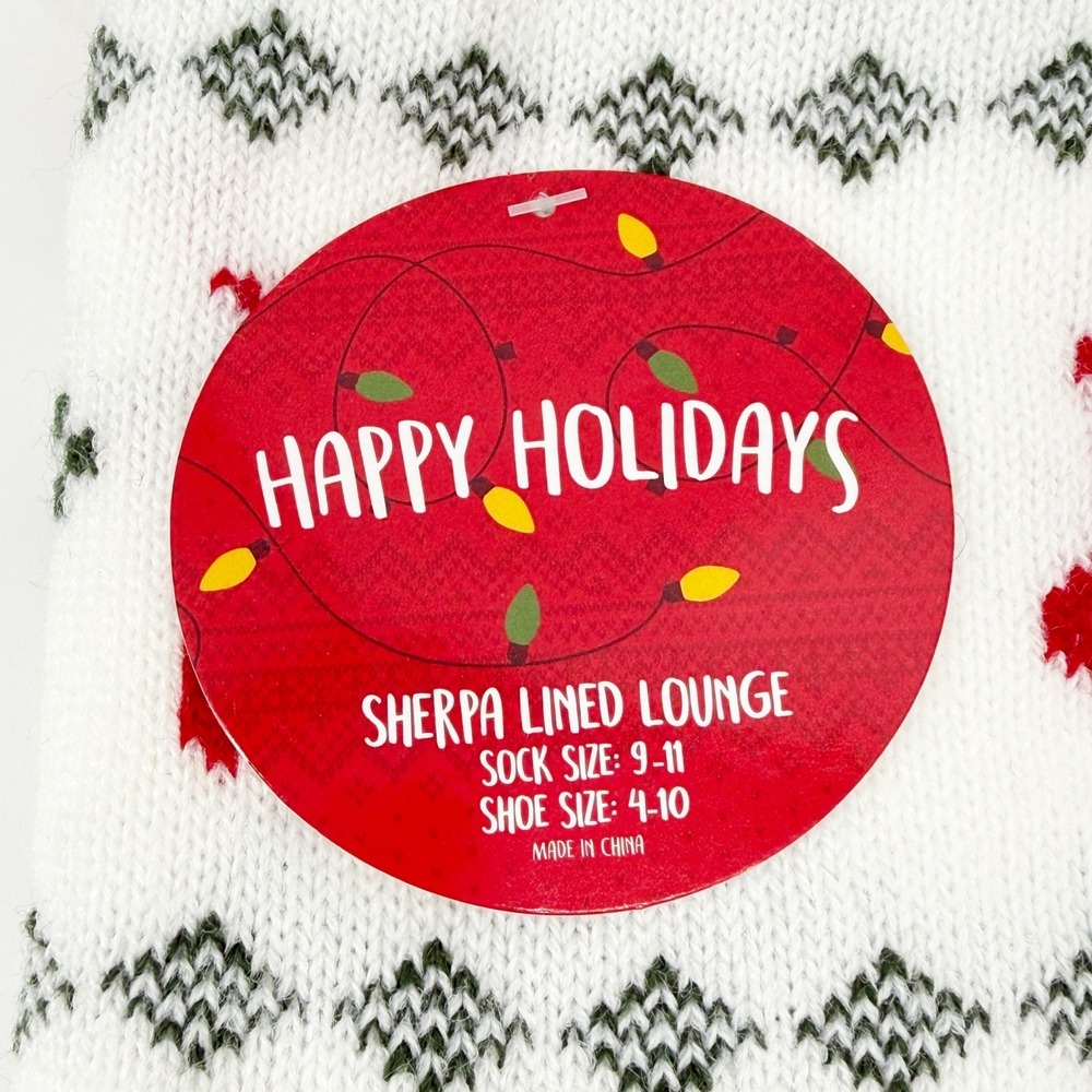 Happy Holidays Sherpa Lined Lounge Sock Women 9-11 Cozy Christmas Deer Snowflake - Picture 5 of 12